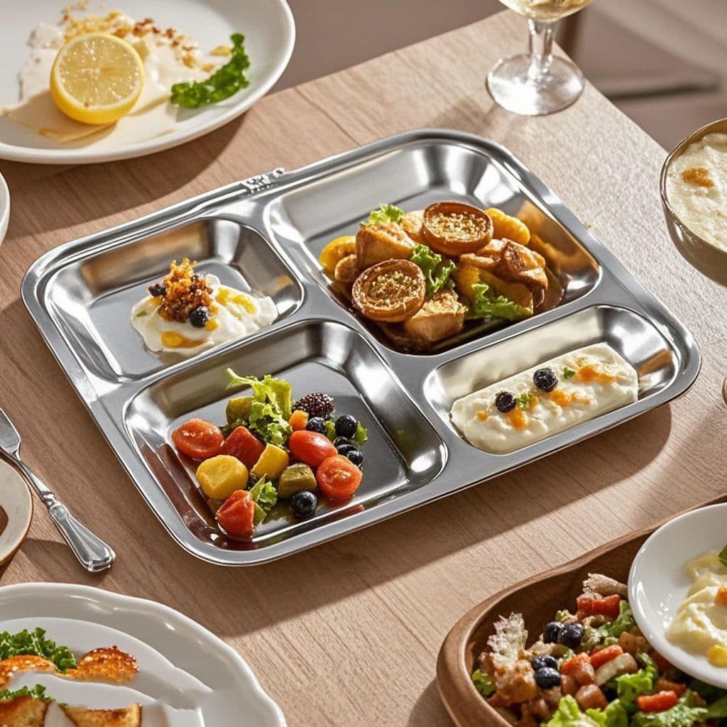Large 304 stainless steel high-capacity meal tray, five or six compartments for commercial fast food restaurants, schools, factories lunch serving