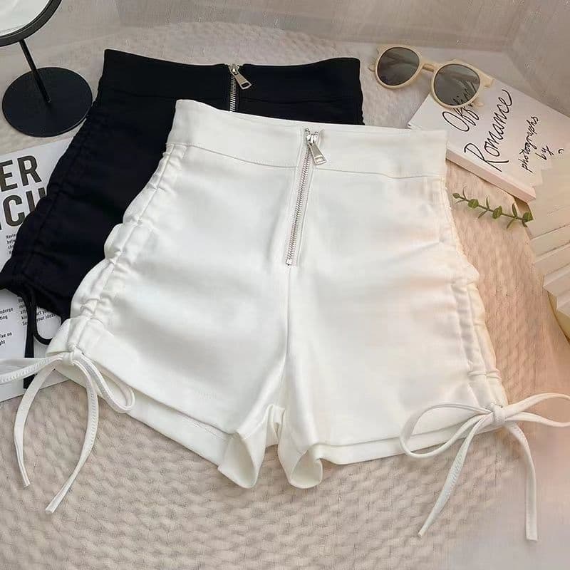 Drawstring High-Waisted Black Shorts, Plus Size Women's Summer New Korean Style Slim-Fit Versatile Wide-Leg Hot Pants