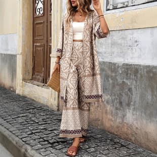 Plus Size Women's Patchwork Print Drop Shoulder Jacket and Wide Leg Pants 2-Piece Set, Ruffled, Extra Large, Comfortable Casual