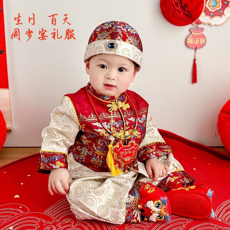 2025 Spring/Autumn New Style First Birthday Dress for Baby Boys, Chinese Style Festive Birthday Banquet, 100-Day Ceremony Attire, Children's Tang Suit and Crown