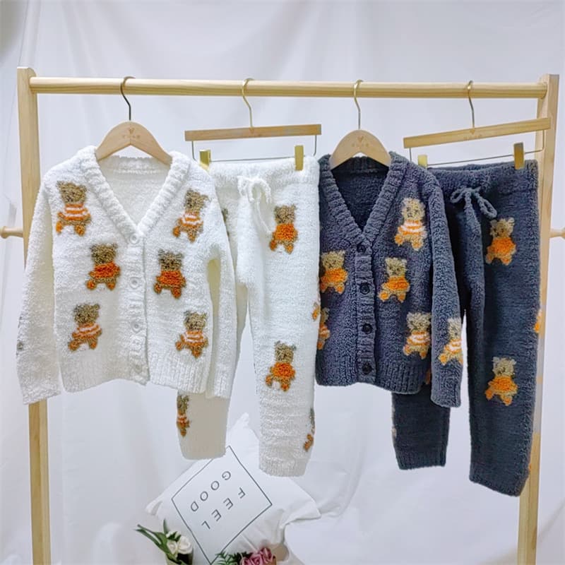 Toddler Boys Girls Cardigan Fall Winter Soft Half-Fleece New Bear Warm Plush Kids Pajamas Loungewear Set