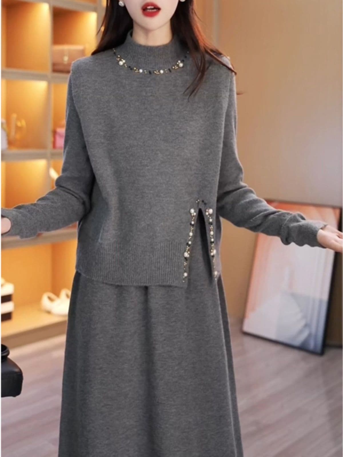 Two-Piece Knit Dress Women's Autumn New Elegant Mother Sweater Feel Waist-Defining Slimming Skirt