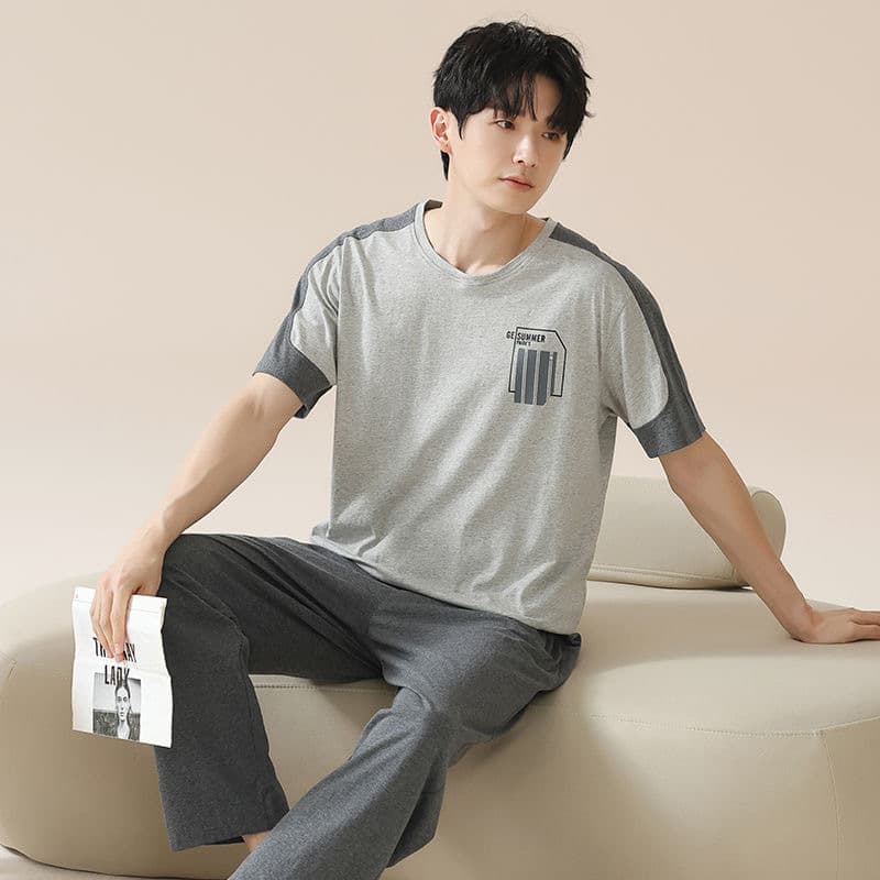 100% Cotton Men's Pajamas Summer Short Sleeve Shorts Thin Casual Home Suit