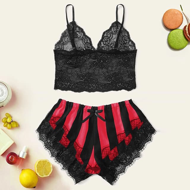 Cross-border European and American Lace Sling V-neck Home Fun Pajamas Transparent Sexy Cute Striped French Top Shorts