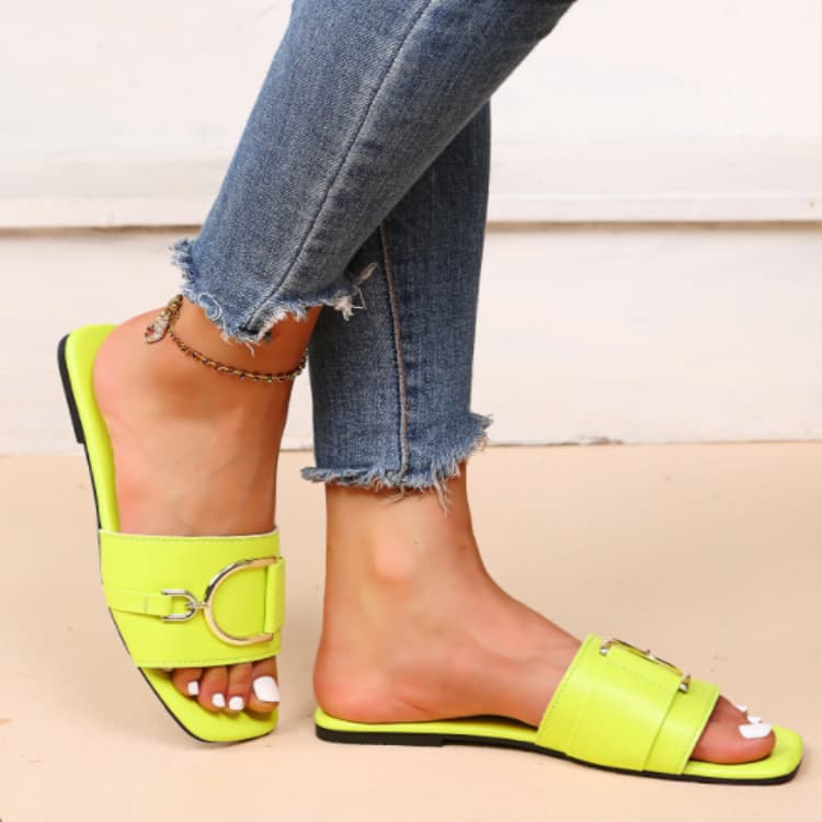 New Color Large Size Export Cross-Border Square Toe Metal Buckle Fluorescent Flat Sandals Women's Fashion Shoes