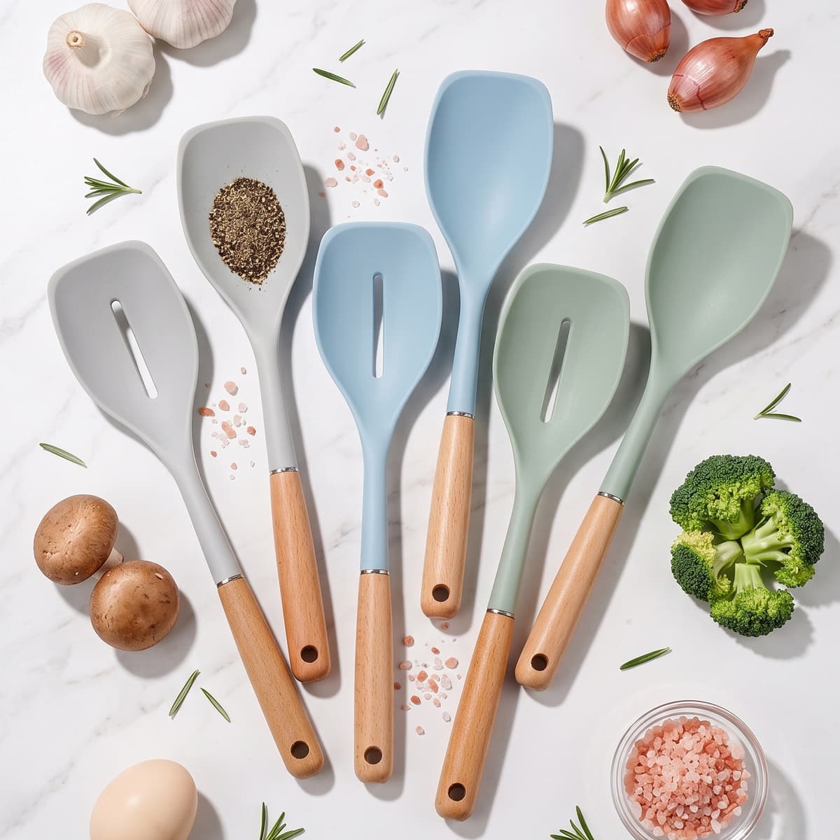 Silicone Kitchen Utensil Set 2-Piece Beech Wood Handle Non-Stick Spatula Slotted Turner High Temperature Resistant Cooking Tools