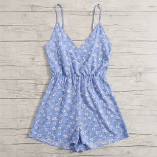 Cross-Border European and American Daisy Print Jumpsuit Women Elastic Waistband Camisole V-Neck Casual Short Jumpsuit Source