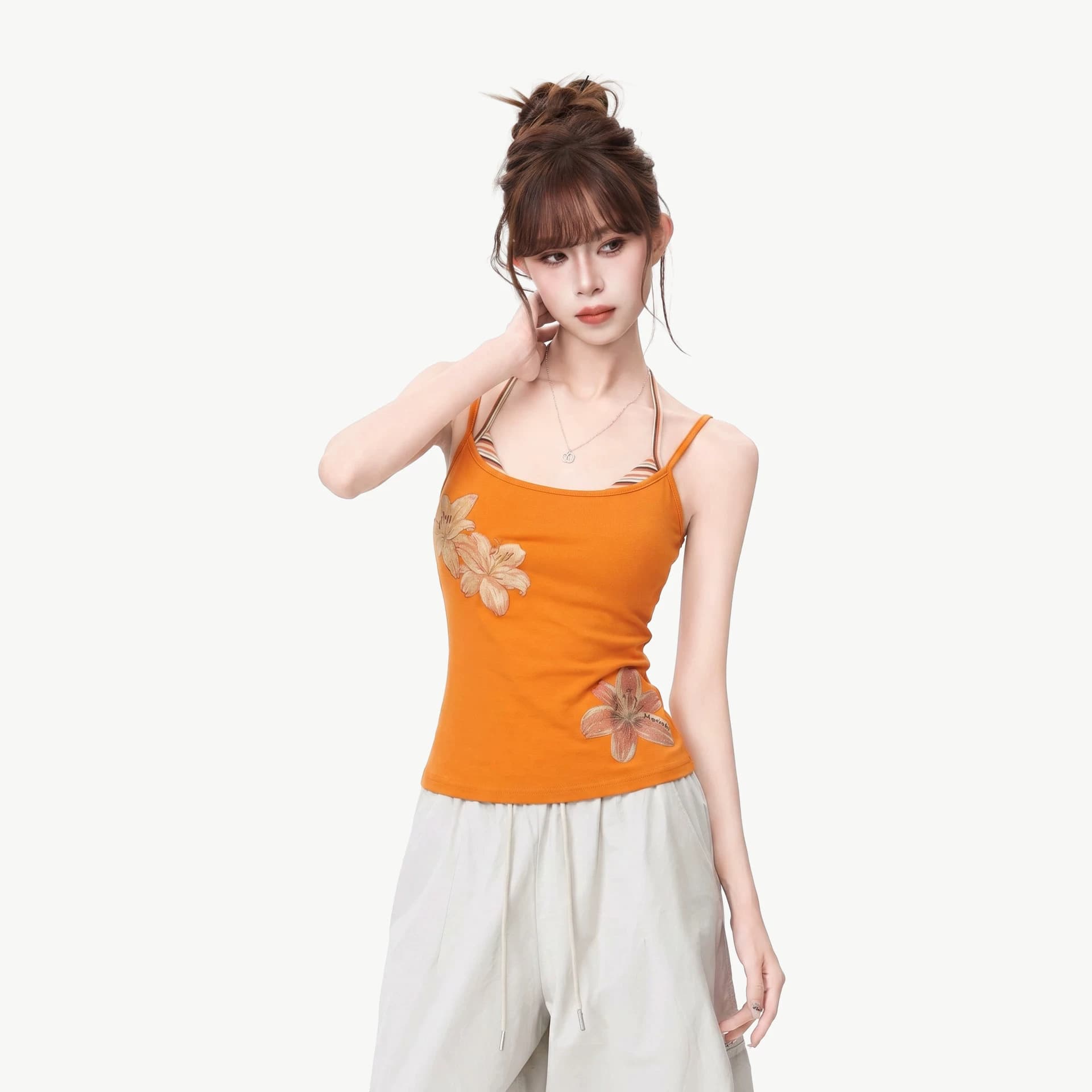Jiyou Dopamine Floral Print Padded Halterneck Stunning Camisole Top for Women Summer Contrast Color Patchwork