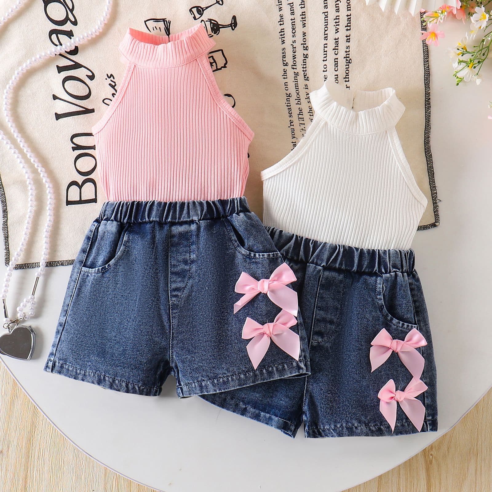 26 Cross-Border Summer Girls Pink and White Striped Halter Top + Denim Shorts Sweet Bow Children's Clothing Wholesale In Stock