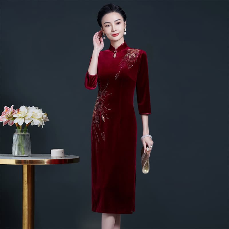 Fashionable Banquet Mother's Dress, Spring/Autumn New Arrival Noble Velvet Qipao Dress for Daughter's Wedding, Elegant Style
