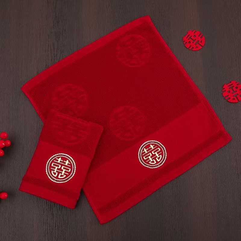 35x35 Wine Red Double Happiness Square Towel, Dowry Favor Towel, Thickened Wedding Handkerchief Wholesale Embroidered