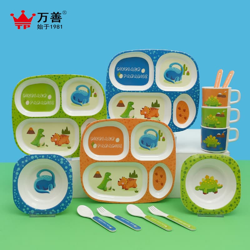 Melamine Kids Plate Compartment Tableware Set Cute Baby Dinosaur Series Plate Eating Complementary Food Bowl Anti-Fall Bowl