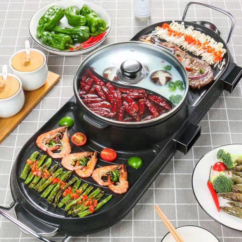 Electric BBQ Grill, Home Korean-Style Multi-Function Split Dual-Side Meat Grill, Boil-Grill-Shabu-Shabu Hot Pot Combo
