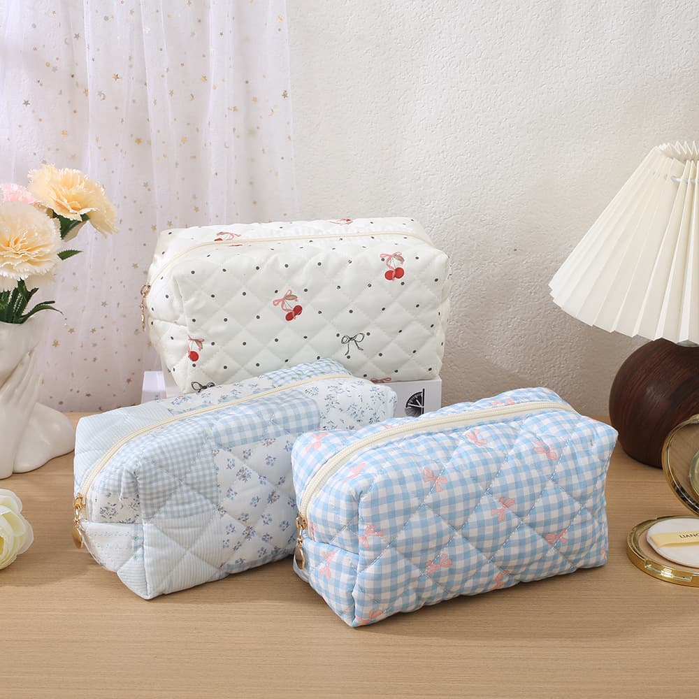Cross-border new floral plaid bow cosmetic bag large capacity hand coin bag quilted printed small fresh cloth