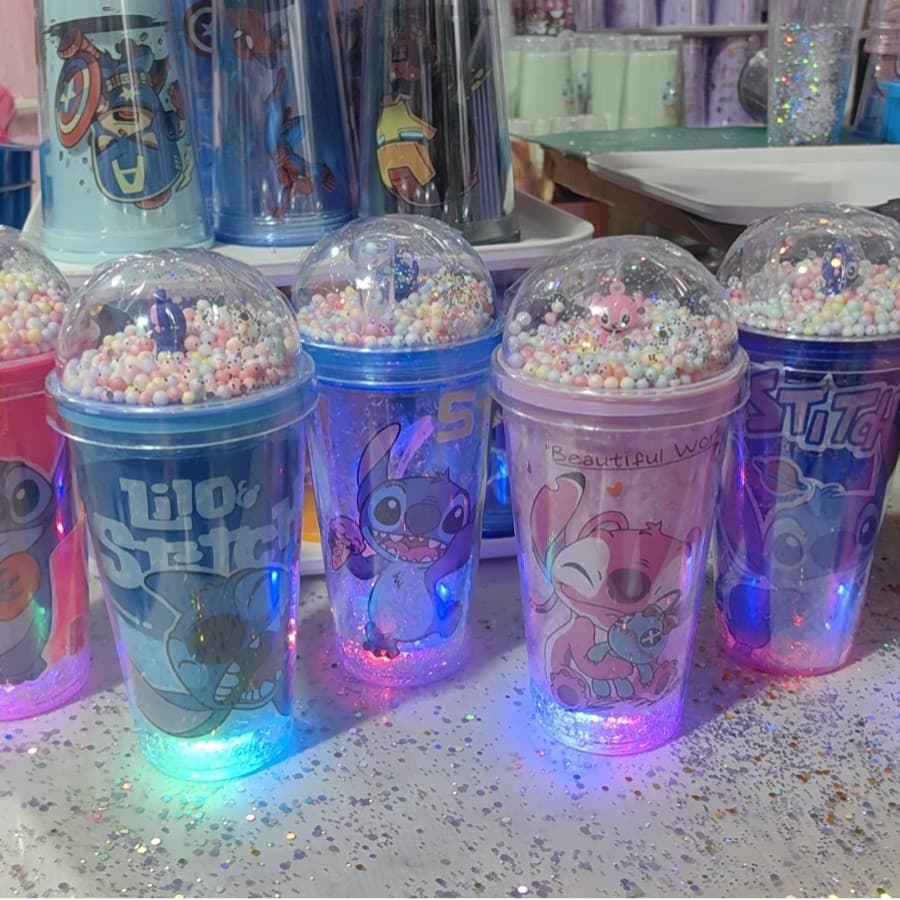 Kuromi Cartoon Plastic Straw Cup, Double-Layer Glitter Crushed Ice Cup, Trendy High-Appearance Cross-Border Design