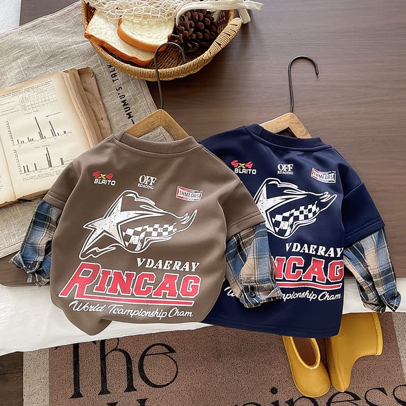Cross-border Hot-Selling Kids Plaid Faux Two-Piece Spliced Hoodie Set Spring Autumn Baby Boy Washed Denim Pants Two-Piece Set