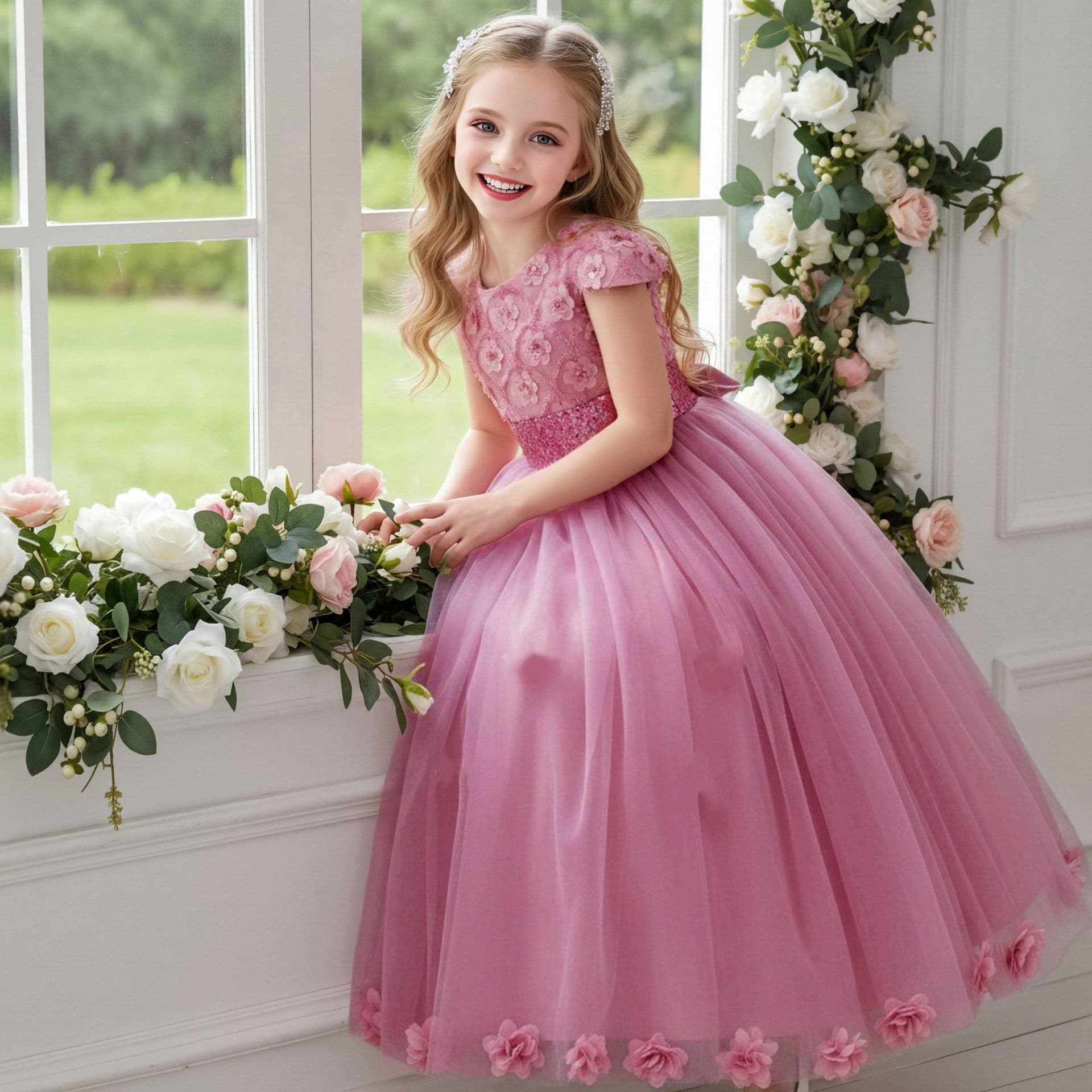 Cross-border Hot Selling Long Lace Dress Girls Sequined Flower Party Dress Sparkle Prom Dress Flower Girl Wedding Gown