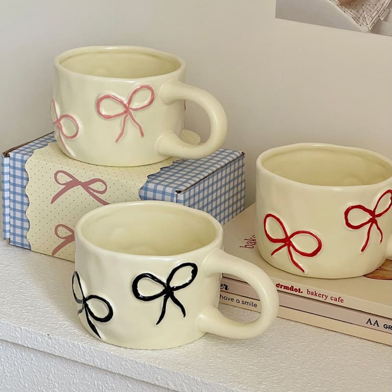 Bow Knot Mug, High Appearance for Women, Home Breakfast Cup, Office Ceramic Mug, Niche Water Cup, Couple Cup