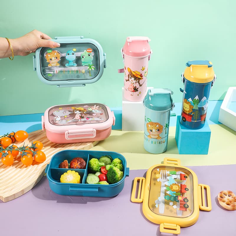 Cross-border Cartoon Children's Lunch Box with Water Bottle Set, Plastic Lunch Box for Students, Portable Bento Box for Office Workers