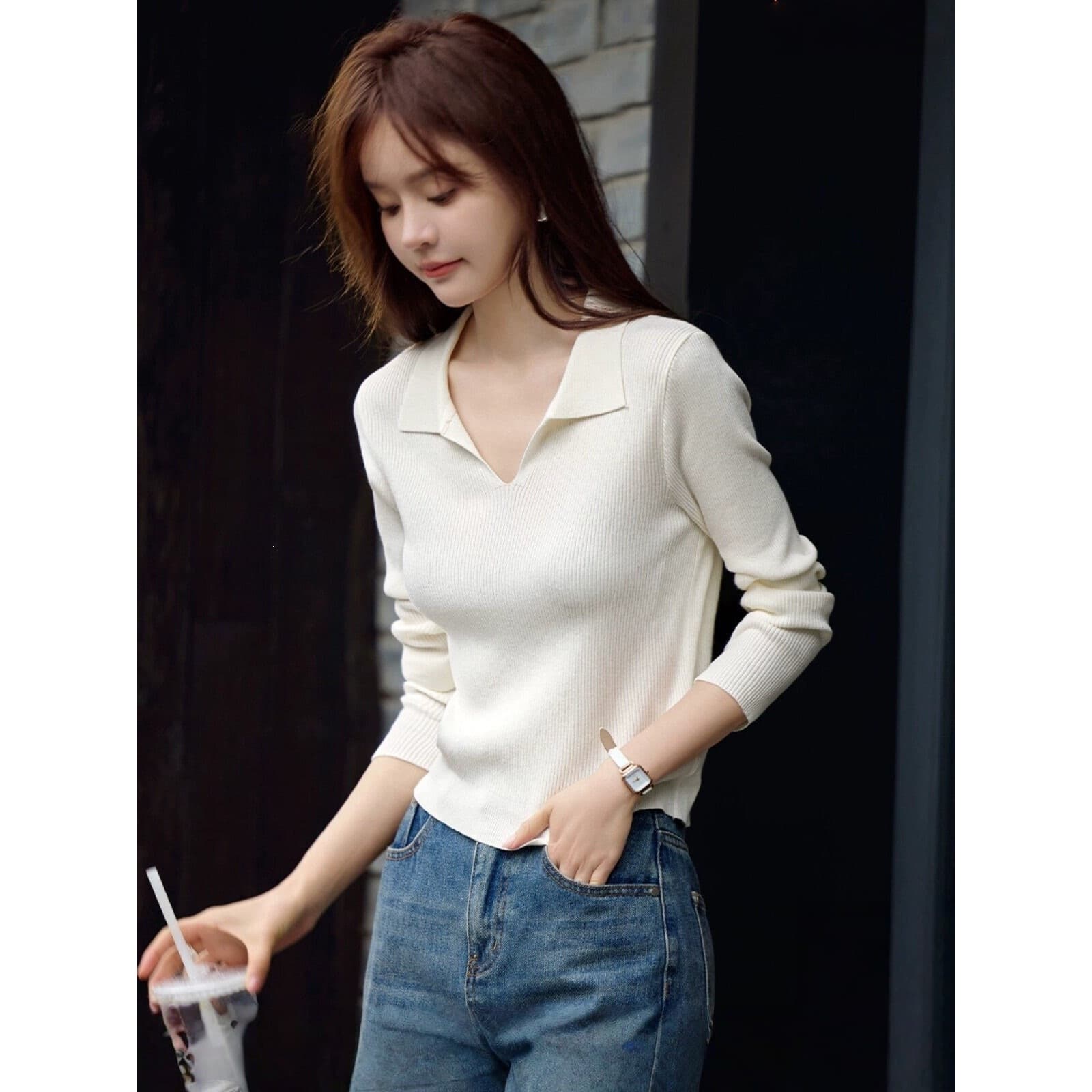 Simple Casual Solid Color Lapel Knitted Sweater Spring and Autumn New Lapel Regular Knitted Top Women's White