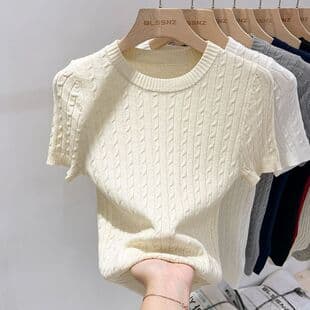 Crew Neck Apricot Short Sleeve Knit Top Women Summer 2025 New Design Cable Knit Fitted Cropped T-Shirt