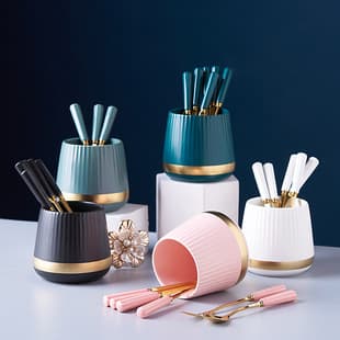 Premium Gold Rim Striped Ceramic Fruit Fork Storage Jar, High-End Stainless Steel Fruit Fork, Home Spoon and Fork Set
