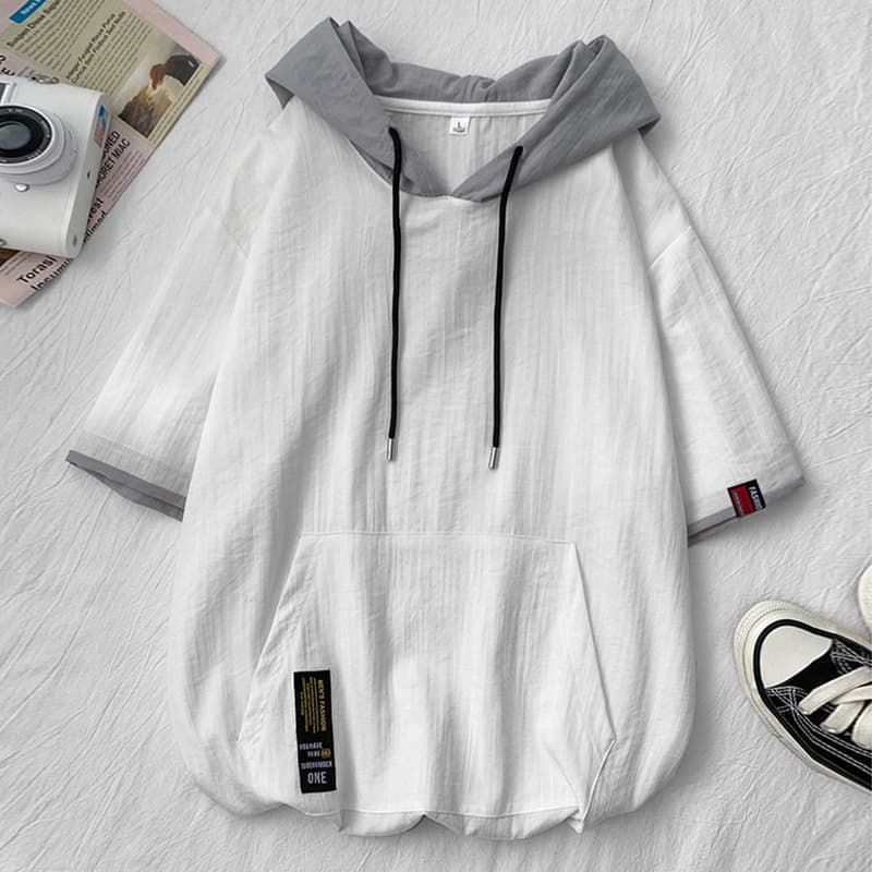 Short Sleeve Hoodie Men's Summer Trendy Loose Japanese Style Top Half Sleeve T-Shirt