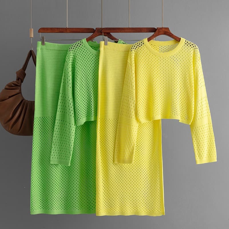 European and American Cross-Border Women's Fashion 2024 New Summer Hollow Knit Top Long Skirt Two-Piece Set