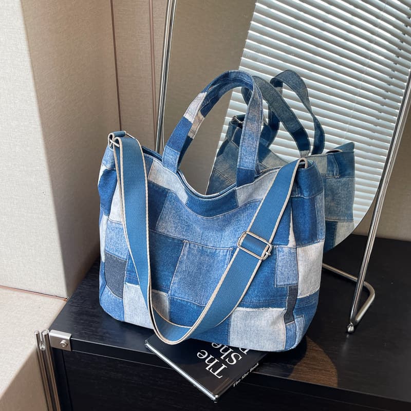Vintage Denim Canvas Tote Bag Large Capacity Commute Simple Shoulder Bag Handbag Casual Crossbody Bag