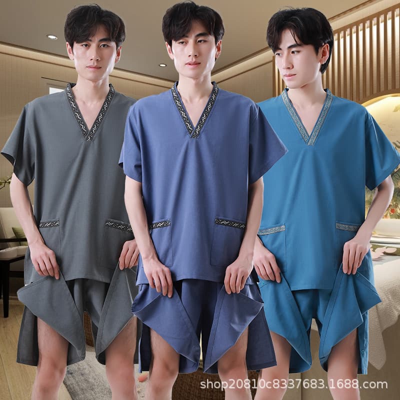 No-crotch side-slit snap-button bath shorts, foot bath men's oil pressure shorts, bathrobe massage bath bathroom shorts with hidden buttons.