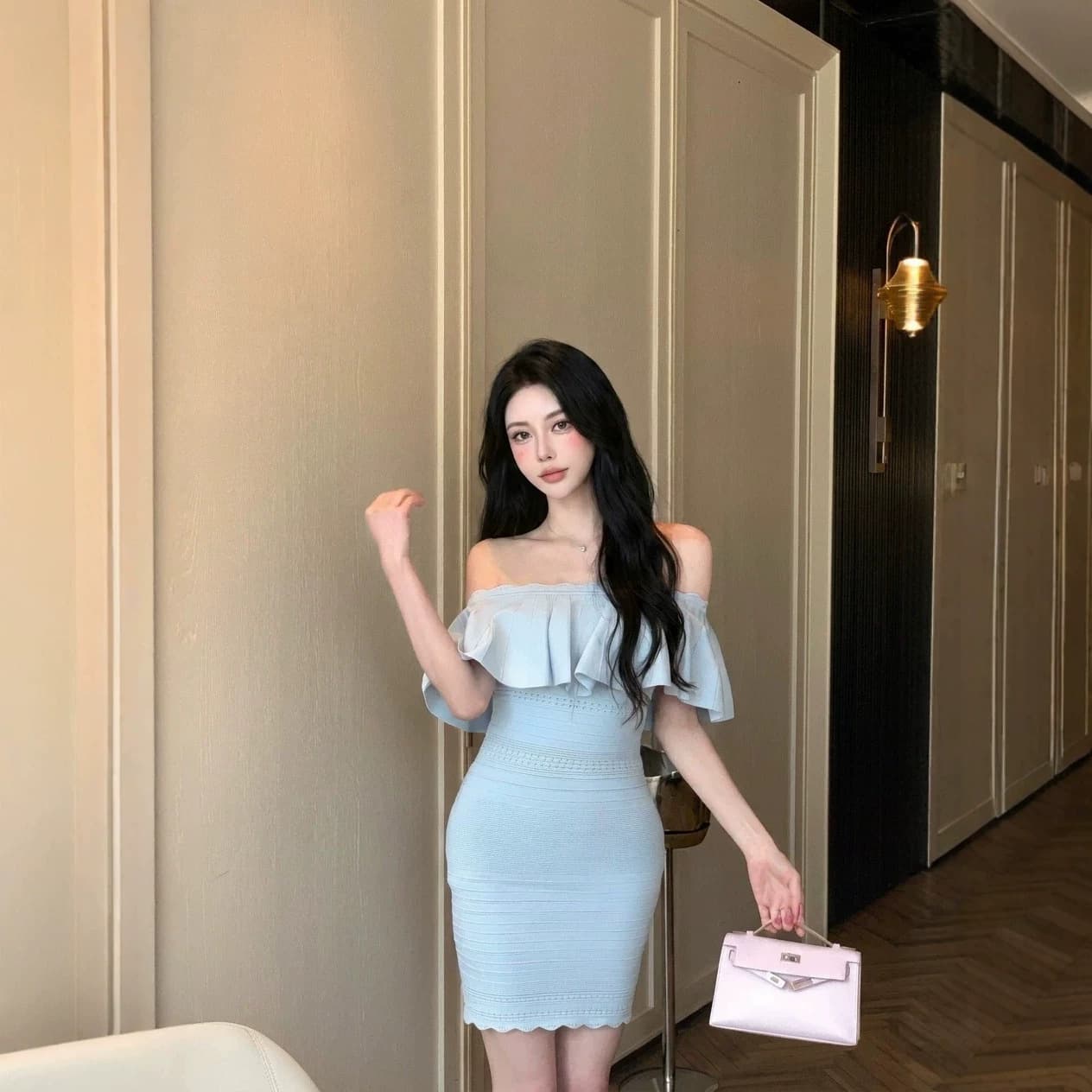 Mature Sexy Chic Slim Fit Waist-Cinching Off-Shoulder Ruffle Knit Bodycon Mini Dress