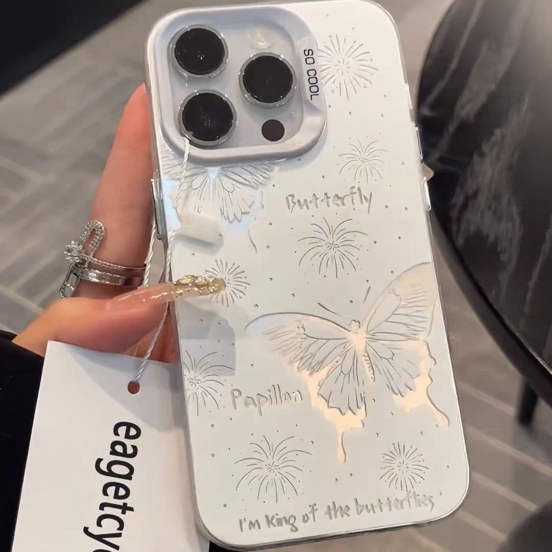 Ins Firework Butterfly Case for iPhone 17 Pro Max, iPhone 16E Premium Matte Silver for 15, 14