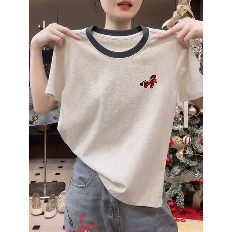 Color-block pure cotton regular shoulder short sleeve T-shirt women's clothing, very stylish and age-reducing, 2026 summer trendy brand popular top