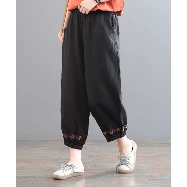 Embroidered Jogger Pants for Women, Artistic Retro Plus Size Slimming Cropped Harem Pants, Stylish Solid Color High Waist Casual Pants