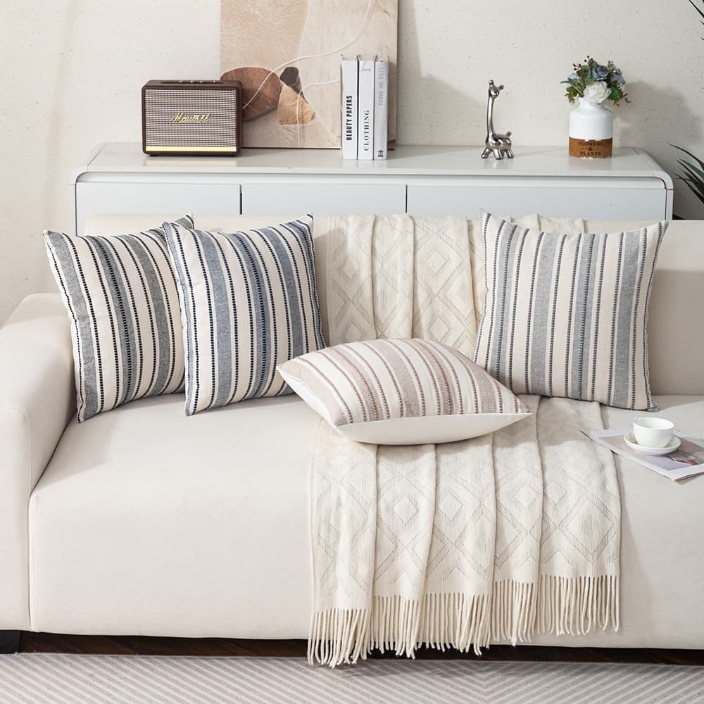 Bohemian Moroccan Polyester-Cotton Yarn-Dyed Throw Pillow for Living Room Sofa, Light Luxury Striped Pillow Cover