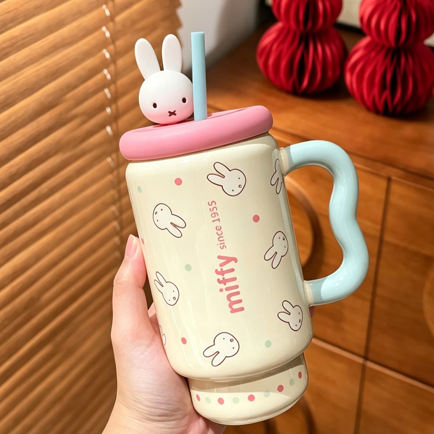 Cute Cartoon Miffy Rabbit IP Ceramic Straw Cup with Lid Creative Large Capacity Office Cup Gift