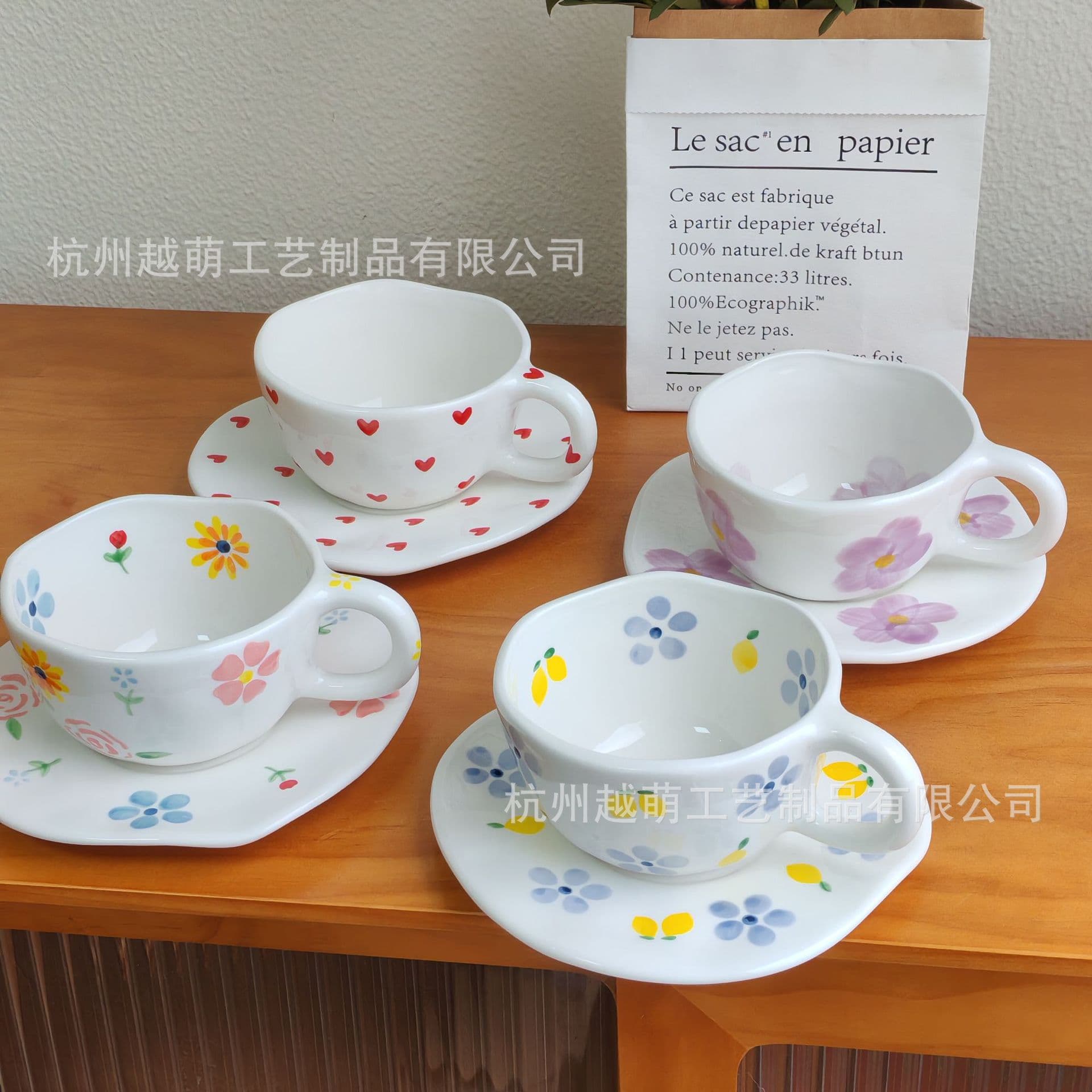 Irregular Coffee Cup High Aesthetic Dessert Tulip Flower Underglaze Hand-Painted Ceramic Cup and Saucer Set Ins Style