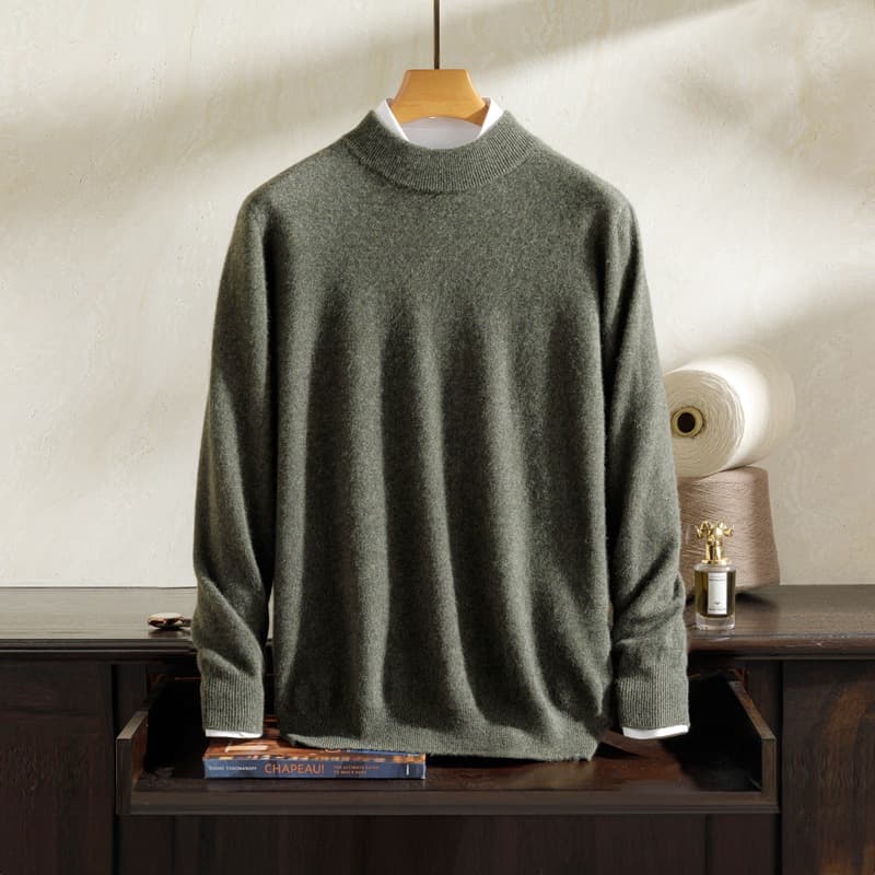 100% pure cashmere men's crew neck thick warm sweater, mock neck casual knitwear base layer for autumn and winter