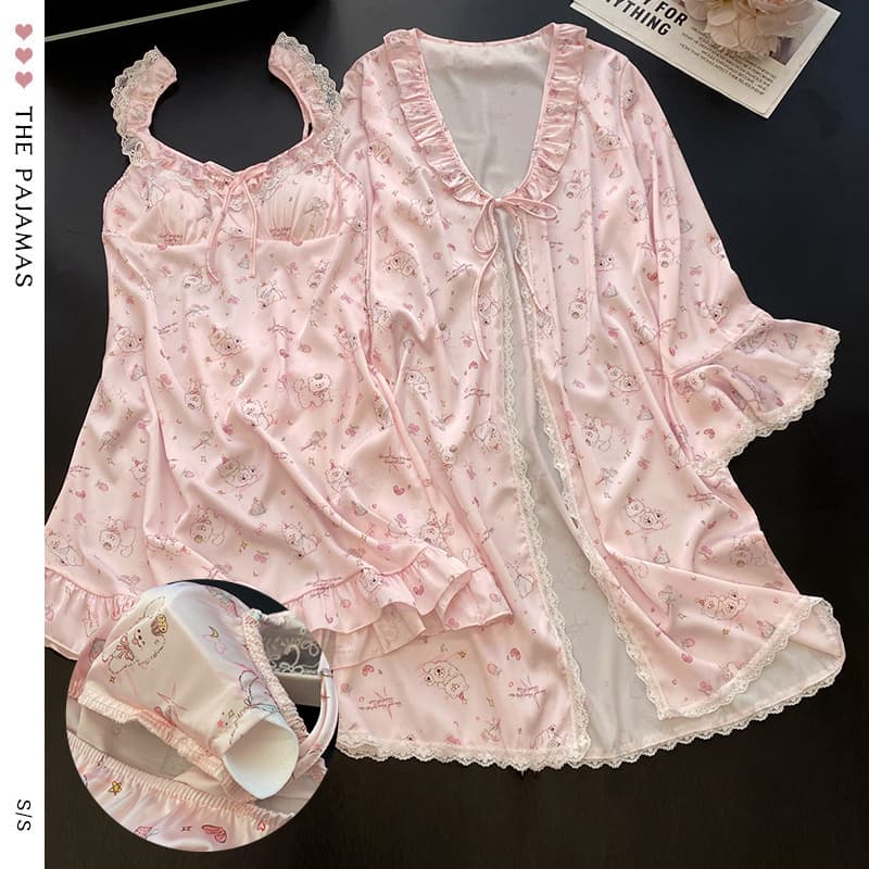 Sweet Bunny French Floral Lace Trim Nightgown Cute Girls' Loungewear Set Women's Camisole Pajamas