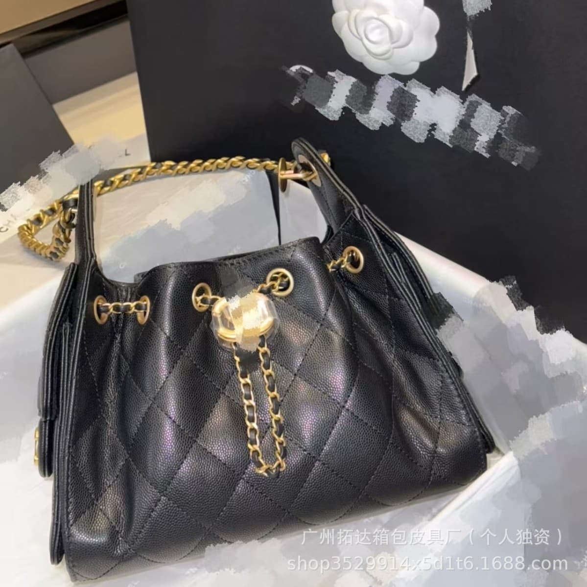 High version Xiaoxiangfeng 25bag drawstring bucket bag women's rhombus chain genuine leather shoulder armpit black gold hobo bag