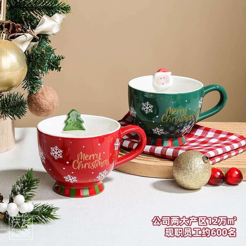 Christmas Mug Set Holiday Snowflake Snowman Gingerbread Man Wide Mouth Tall Stem Ceramic Couple Mugs