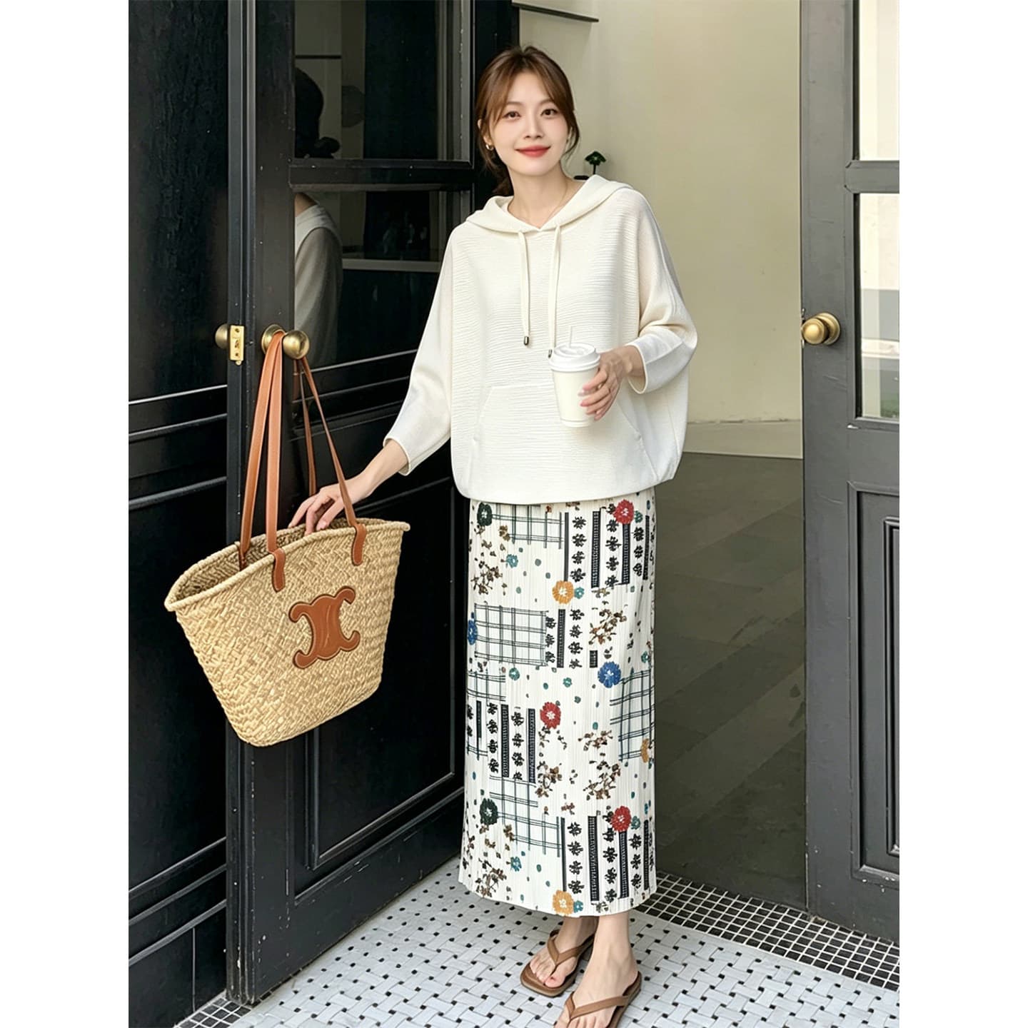 Miyake Pleated Summer New Hooded Top Floral Print Skirt Set for Women Youthful Garden Style Fashion