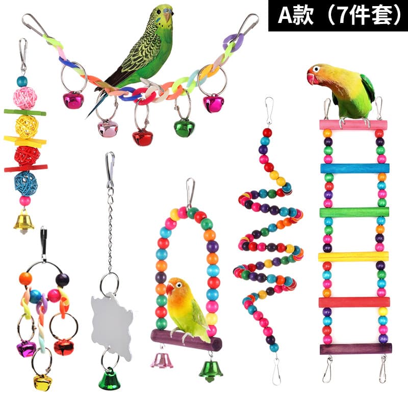 Parrot Toy 7-Piece Set Hanging Cage Bird Ladder Stand Rattan Ball Bell Mirror Bird Toy Set Cross-Border Wholesale