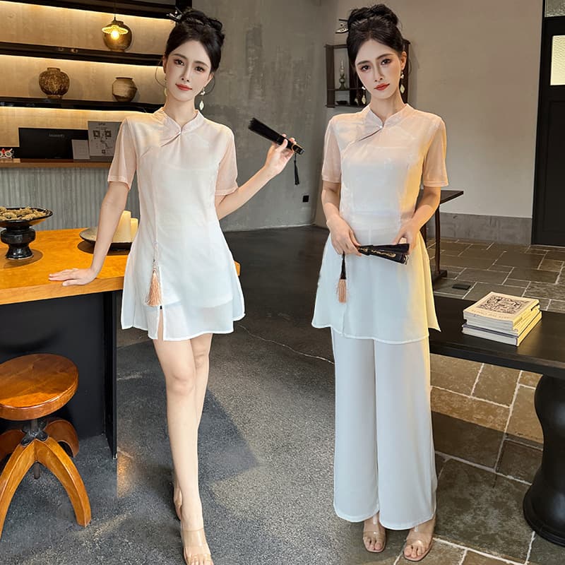 Foot Bath Wellness Center Technician Workwear, Ear Cleaning Tea Artist Soft Style Work Clothes, National Style Chinese Gradient Print Pants Set