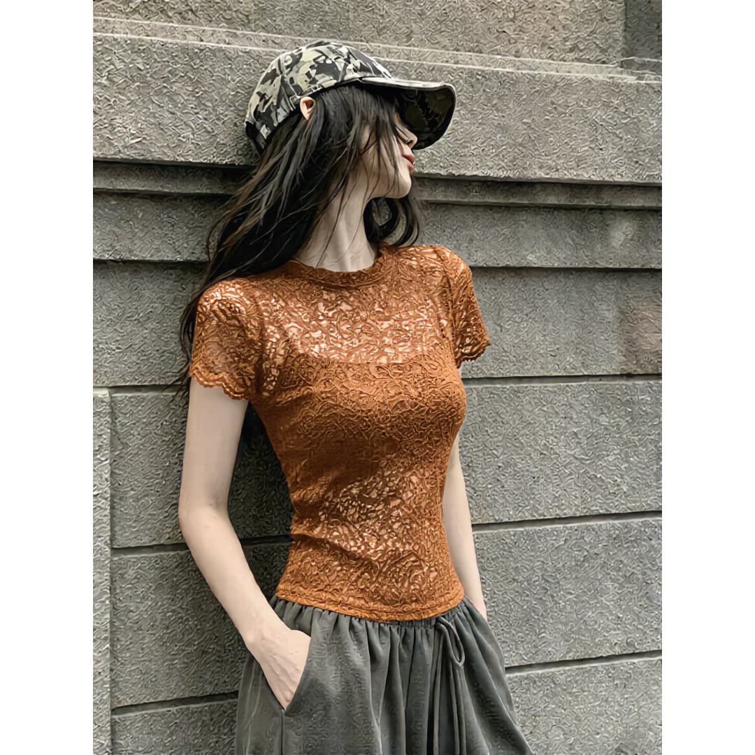 Pumpkin Color Hollow Lace Short Sleeve T-Shirt Women Summer Slim Short Style Lace Round Neck Pure Desire Slimming Top