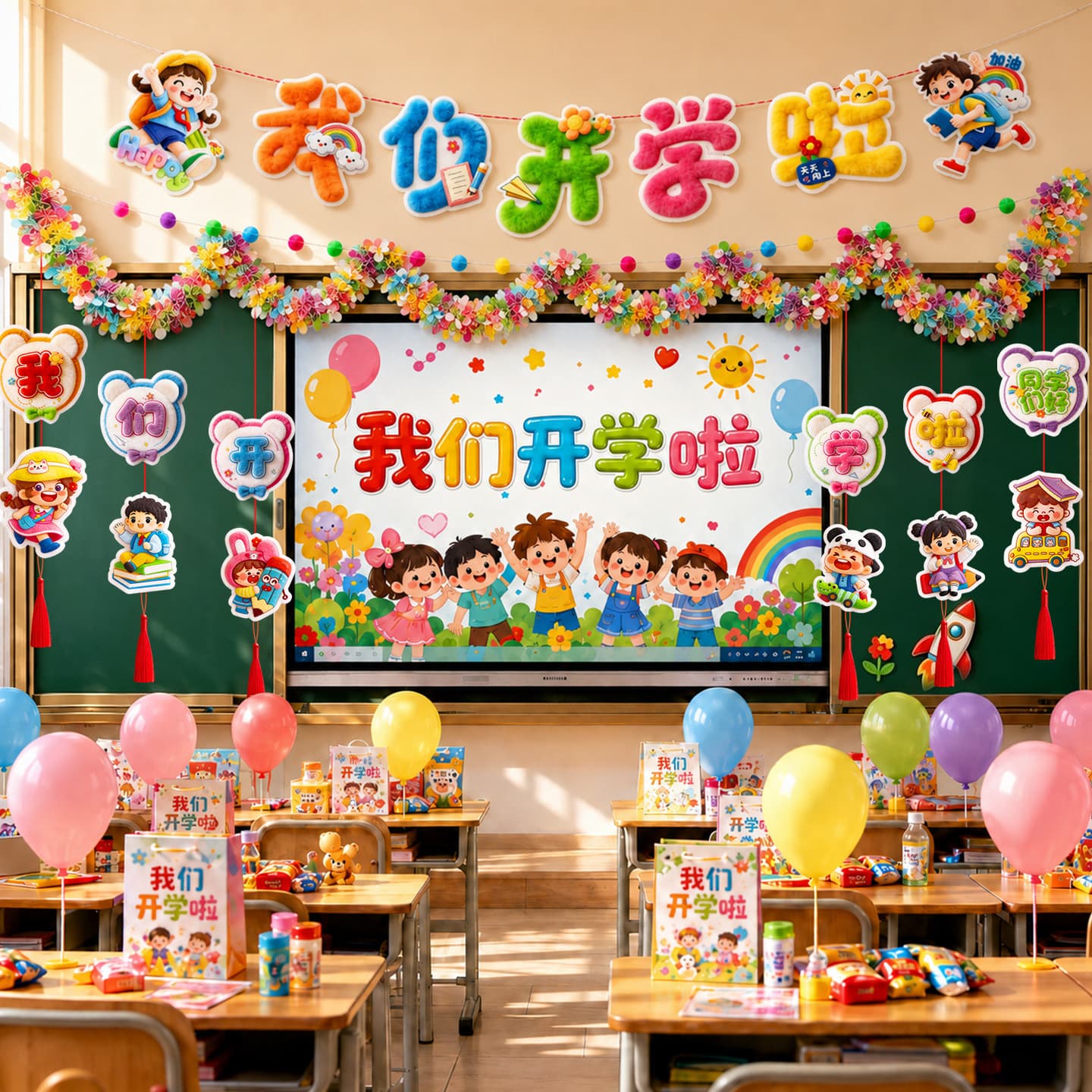 Decoration for the opening of school season, primary school kindergarten ceremony atmosphere, flag-pull class classroom scene layout, top garland hanging decorations