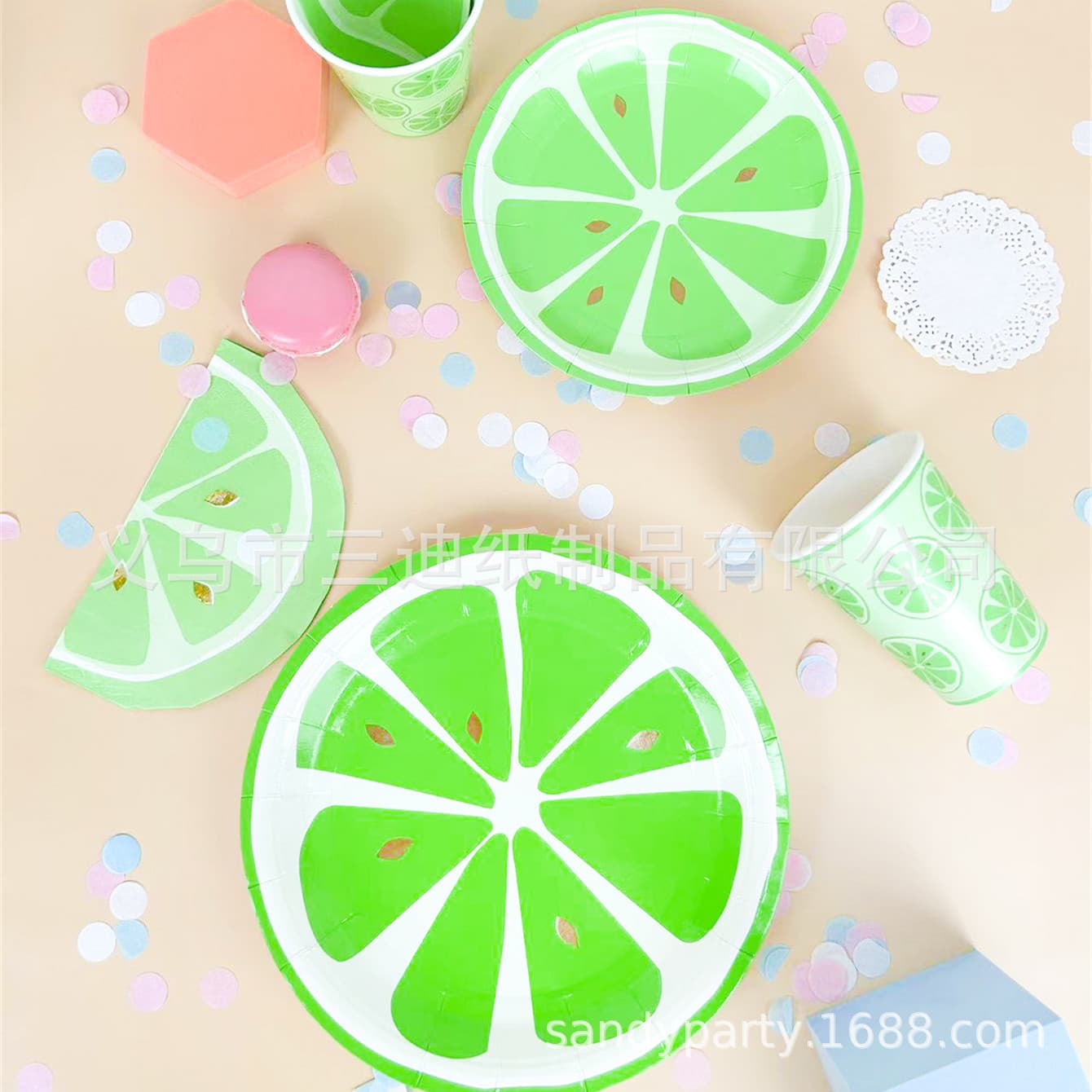 Disposable Gold Stamping Lemon Green Sliced Paper Tableware Portable Picnic Birthday Cake Serving Plate Snack Tray for Spring Outing