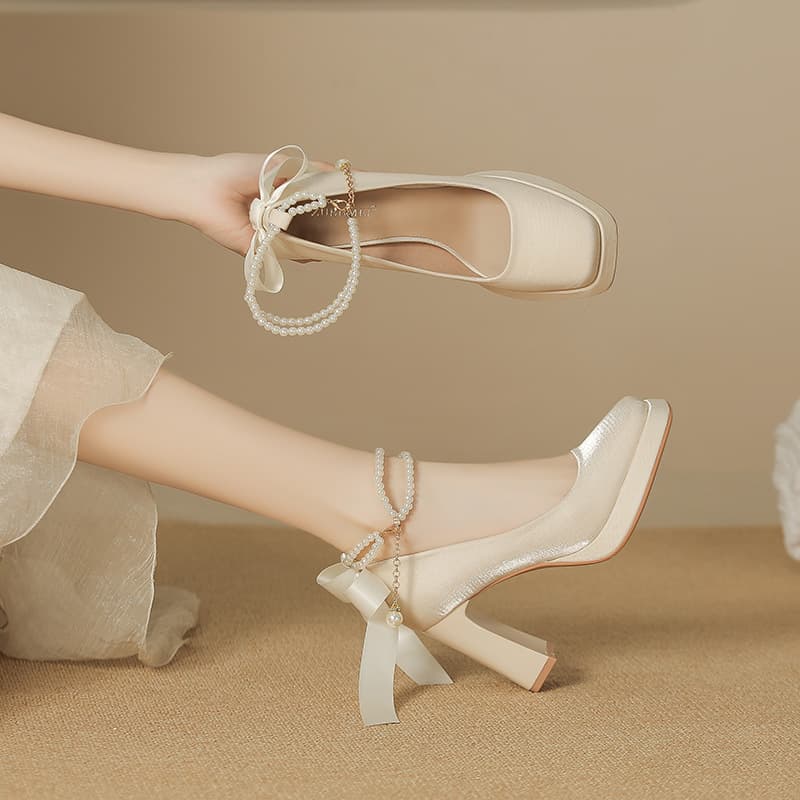Velvet Pearl Mary Jane Shoes Women's Chunky High Heel Single Shoes Butterfly Knot Waterproof Platform Shoes Summer Autumn Winter