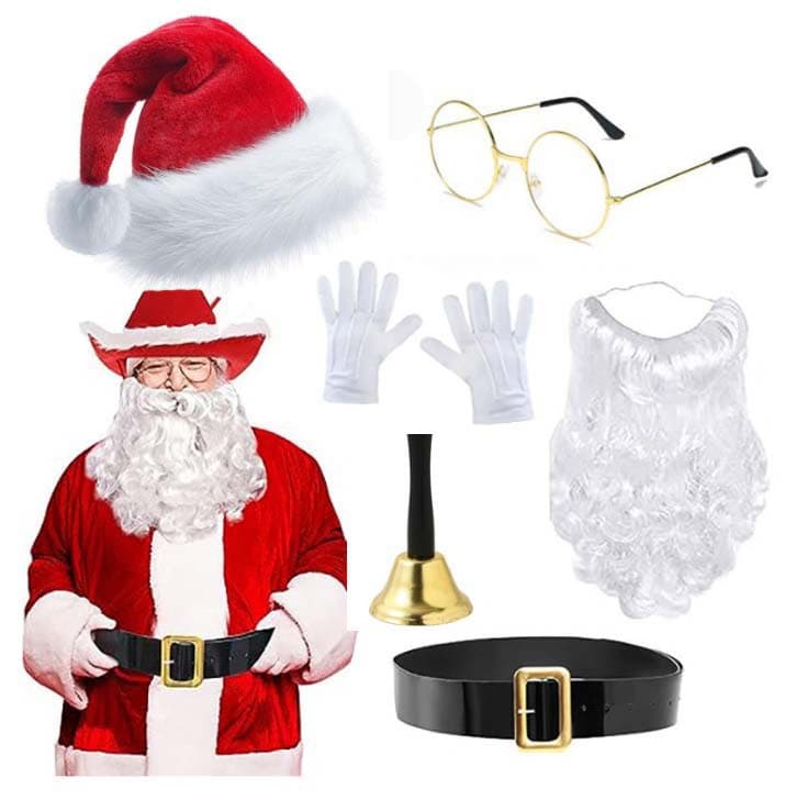 Cross-border popular Santa Claus costume hat red cowboy hat white beard glasses belt gloves set