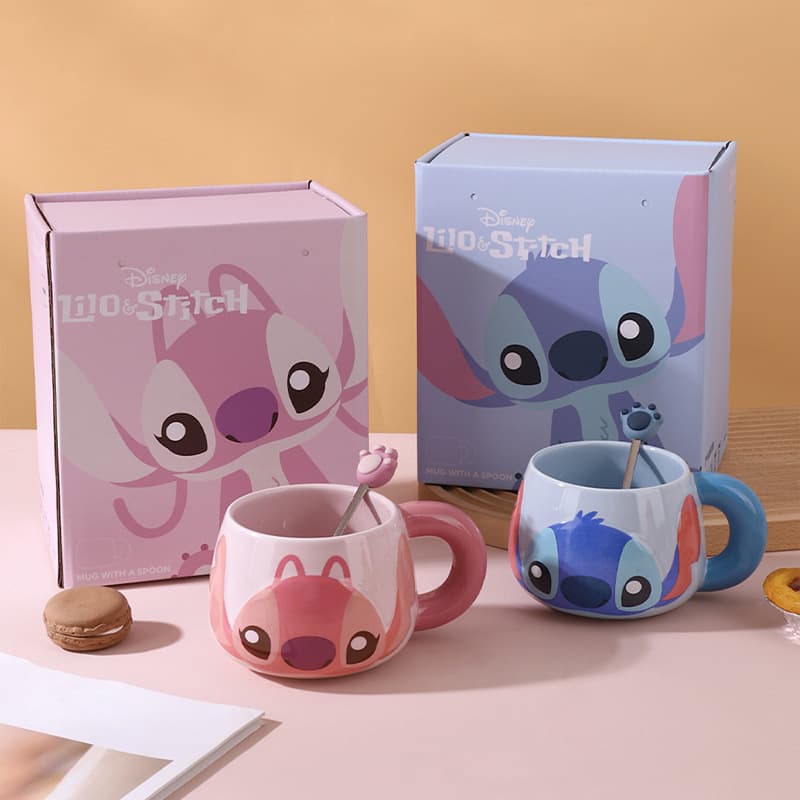 Stitch Mug with Spoon, High-Quality Ceramic Coffee Cup, Gift Box Set, Large Capacity Handle Cup, Wholesale